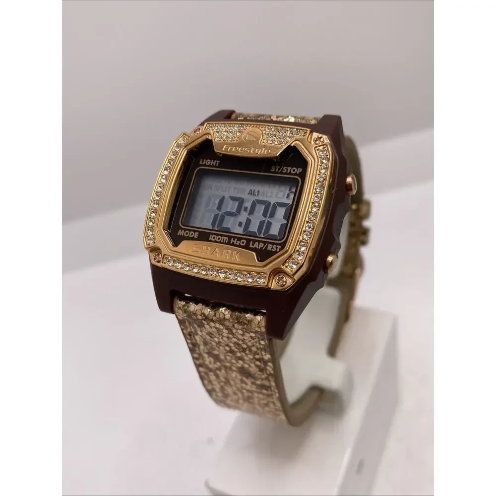 Freestyle Shark Rosegold Rhinestone Gold Leather Band Surfing Watch New Battery